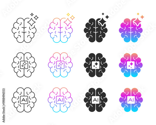 This vector collection features brain icons symbolizing artificial intelligence, creativity, and innovative ideas, presented in various line and glyph styles.