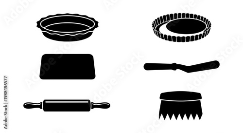 Baking tools icon set with rolling pin and tart pan, black silhouette kitchenware collection, professional pastry equipment vector illustrations