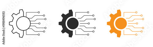 Three vector icons illustrating digital engineering concepts, combining mechanical gears with electronic circuit board lines for technology and smart system solutions.