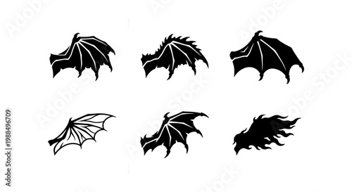 Dragon wings silhouette collection, set of 6 mythical creature wing vectors, black bat wing icons for fantasy design, gothic demon wing graphic elements