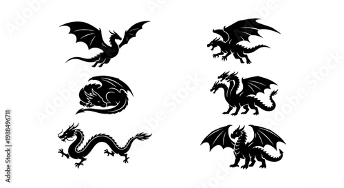 Mythical dragon silhouette collection, 6 black fantasy creature icons, medieval winged monster vector set, legendary beast graphic elements