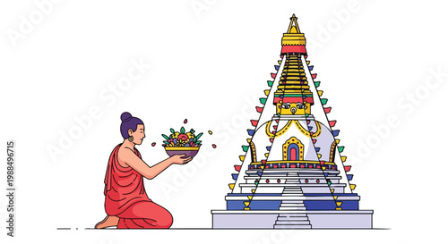 Buddhist Monk Offering Flowers at Stupa for Vesak Day Celebration Flat 2D