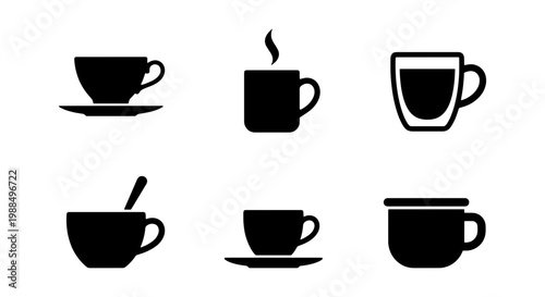 Minimalist coffee cup icon set, black silhouette mug and tea cup vector collection, 6 beverage symbols for cafe branding and menu design