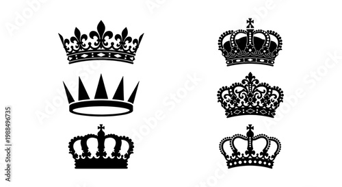 Vintage royal crown silhouettes, set of 6 heraldic monarch icons, black imperial coronet vector elements for luxury branding and logo design