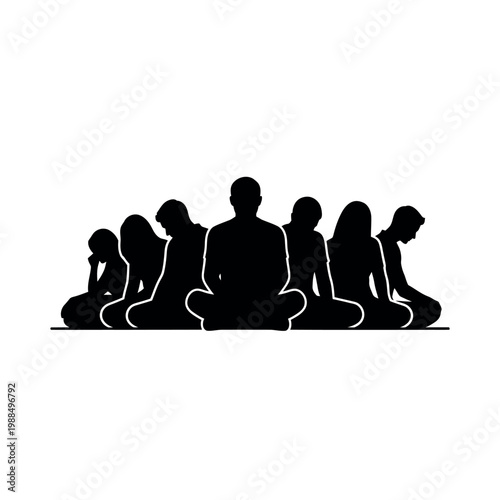People sitting in a row meditating.