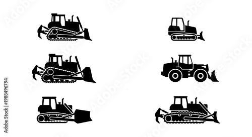 Heavy construction machinery silhouettes, set of 6 bulldozer and earthmover icons, industrial crawler tractor and loader vector illustrations