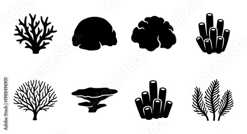 Black coral reef silhouettes, 8 underwater sea plant icons, minimalist aquatic vegetation vector set for marine conservation and ocean biology design