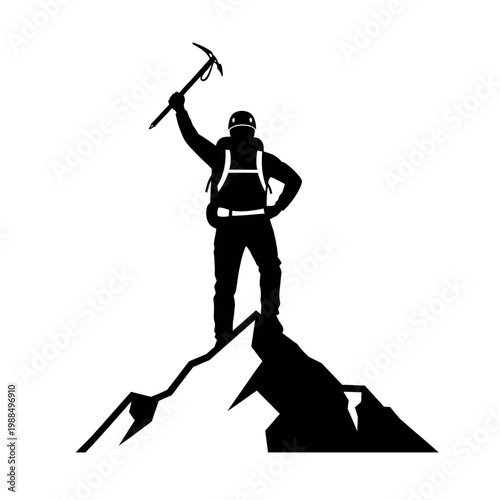 Silhouette of a Climber Standing Victoriously on a Mountain Peak.