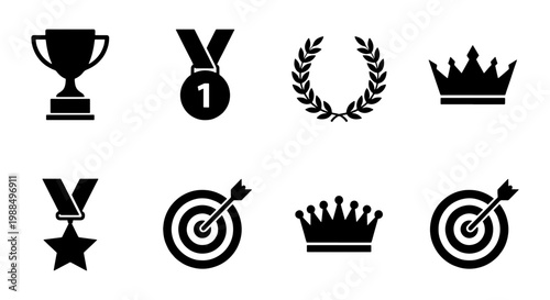 Achievement and success icons set, black trophy and medal vector symbols, winner award and competition reward elements, 8 flat graphic icons