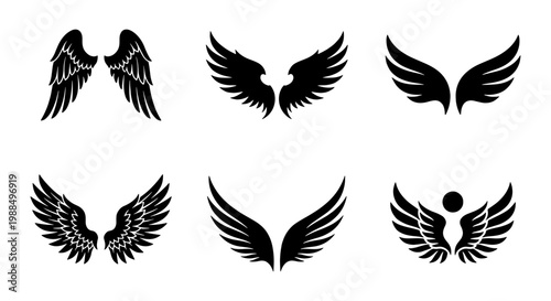 Black wing silhouettes set, 6 pairs of decorative bird and angel wings, heraldic feather wing icons for logo design and tattoo art