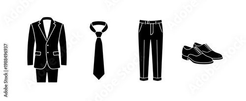 Formal business suit icons, black male clothing set with jacket and tie, elegant mens fashion apparel vector, professional dress code elements