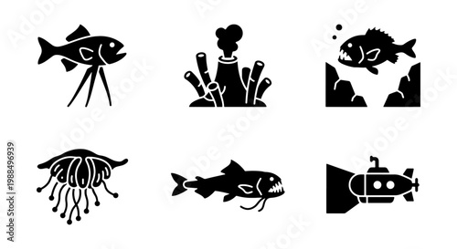 Deep sea exploration icons set, black solid marine life vector graphics, underwater abyss creatures and submarine symbols, 6 aquatic elements