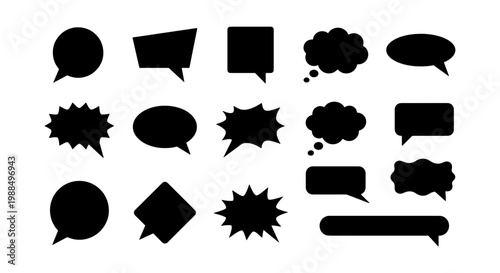 Black speech bubble silhouettes, set of 14 comic chat icons, blank message cloud vector elements, communication dialogue shapes for graphic design