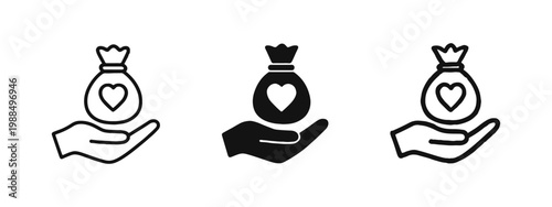 Hand Holding Heart Money Bag Icon Set for Humanitarian Donations