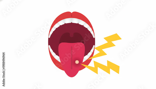 Mouth and tongue graphic with lightning symbols and red lips for energetic warning message design featuring energy symbol, excitement, shock with