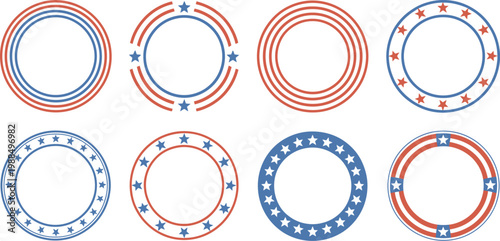 Patriotic American Flag Circle Frame Vector Set, USA Independence Day Border Designs with Stars and Stripes for Fourth of July Celebration, Holiday, and Festive Graphics