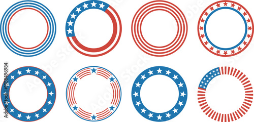 Patriotic American Flag Circle Frame Vector Set, USA Independence Day Border Designs with Stars and Stripes for Fourth of July Celebration, Holiday, and Festive Graphics