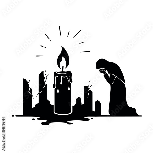 Silhouette of a Mourning Figure beside a Burning Candle in a Cemetery.