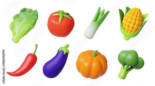 3d plant food. Vegetable diet glossy render, garden cartoon products with leaves. Fresh food grocery menu, healthy vegetarian eating, eggplant and pumpkin. Leaf for salad. Vector icons