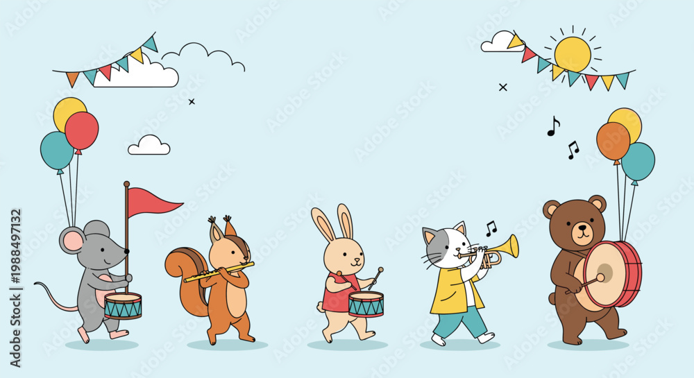 Obraz premium Cute animal band featuring mouse squirrel rabbit cat and bear playing musical instruments in a parade under the sun.