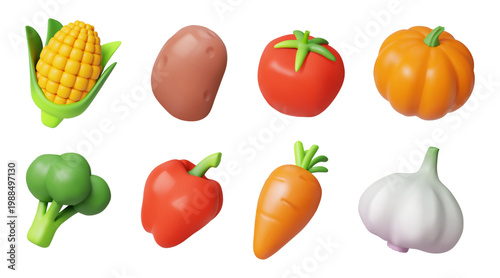 3d vegetables. Fruit food icon, healthy tomato and corn ingredient of farm agriculture. Diet plant cooking on kitchen. Cute carrot, pumpkin and farm broccoli. Vector cartoon glossy vegan set