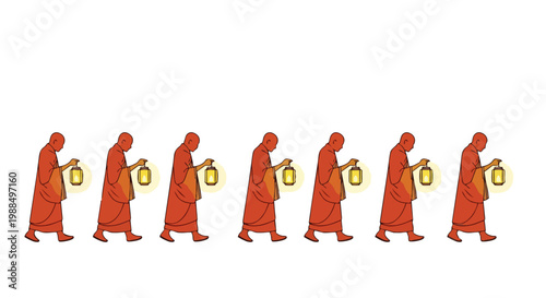 Buddhist Monks Procession with Lanterns for Vesak Day Flat 2D Illustration