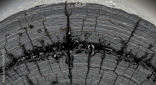 close-up texture of cracked dry tree trunk with natural patterns in black and white