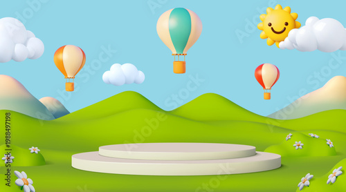 3d spring background. Summer podium with sky balloons, green nature tree and blue flowers, art display. Vector backdrop, cartoon isolated banner with empty platform for product presentation
