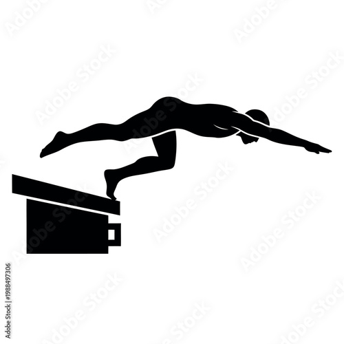 Silhouette of a swimmer diving from a starting block.