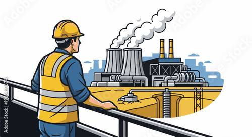 Worker in reflective vest watches a power plant emitting steam