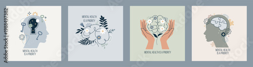 Mental health awareness day. World hope logo or medical therapy. Mind disorder support concept. Global people emotional stress. Human head brain care. Vector psychological cards set