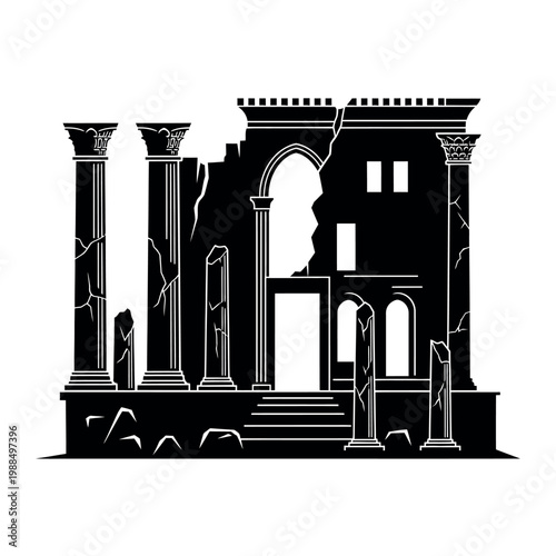 Silhouette of Ancient Ruined Building with Columns.