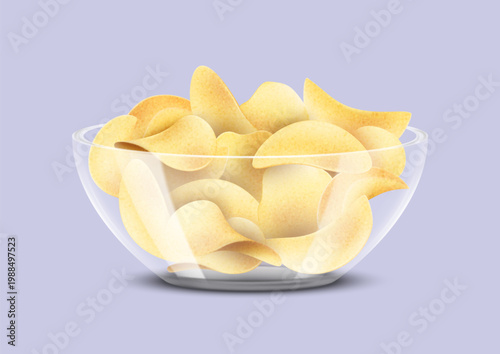 3D chips. Potato crisp snack heap. Crunchy golden slices glass bowl. Crinkle junk food dish. Fried delicious pieces. Spicy appetizer plate. Unhealthy fastfood. Vector realistic object