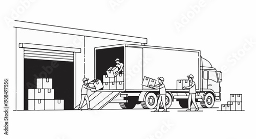 Warehouse workers loading and unloading boxes from a large truck