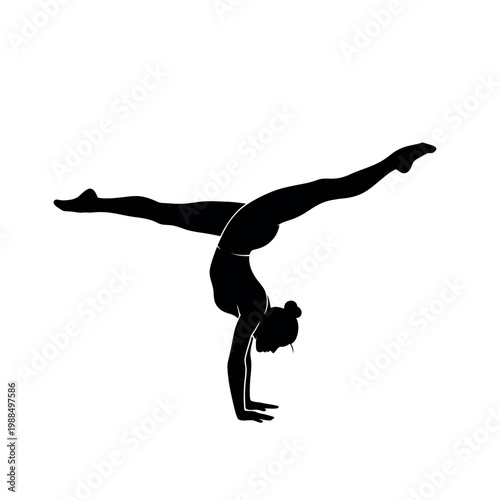 Woman doing handstand with legs apart.