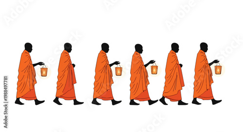 Buddhist Monks Walking in Procession with Lanterns for Vesak Day Celebration