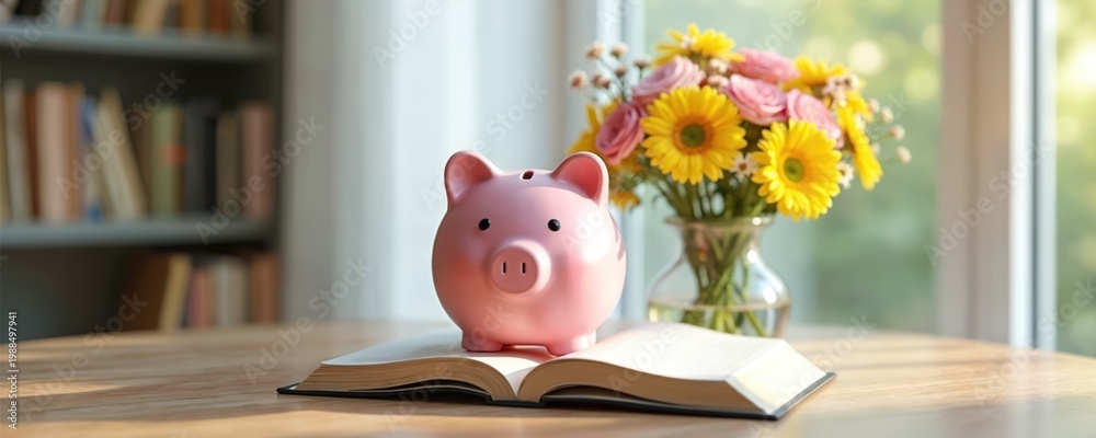 Fototapeta premium Pink piggy bank sits on open book near vibrant flowers in vase. Cozy room with books and window light creates calm, cheerful financial planning atmosphere. Save money for future.