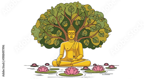 Golden Buddha meditating under Bodhi tree with pink lotus flowers flat 2D vector