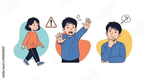 Illustration of children expressing different emotions including caution, warning with hand gestures, and confusion.