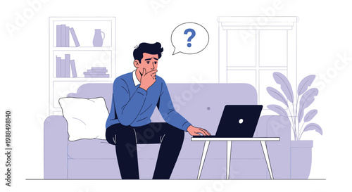 Concerned man sitting on a sofa with a laptop and a question mark icon above his head representing confusion or trouble.