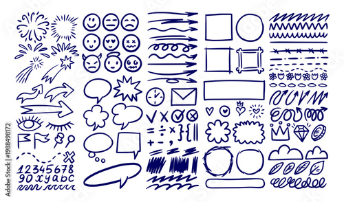 Line arrows. Hand drawn brush stroke, highlight marker star sketch or cute pencil marks, emphasis and clouds. Scribble emotion faces and pen marker frames. Vector isolated elements