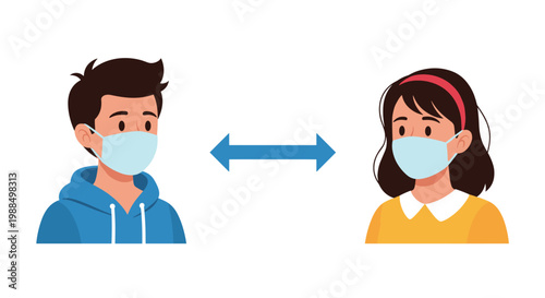 Man and woman standing apart while wearing protective masks with a double-sided arrow for social distancing rules.