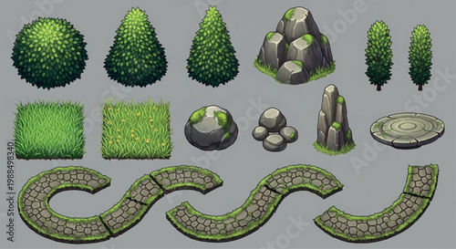 Isometric game environment assets, 15 nature landscape elements for level design, stylized garden bushes and stone paths, 2D game map construction kit
