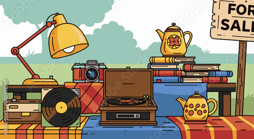 Vintage objects displayed outdoors for sale, including a record player, camera, books, and teapots