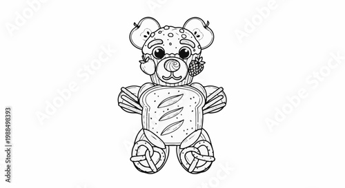 Whimsical food-themed teddy bear made of bread, fruit, and sweets