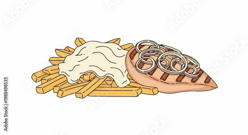 A simple illustration shows grilled chicken with onions and french fries covered in sauce