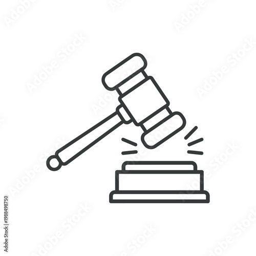 Striking gavel icon. Outline judge hammer hitting block vector design.