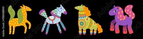 2026 horse. Happy chinese animal with ornamental design, funny china stickers for greeting card, calendar or alcohol party. Cartoon flat style isolated vector decorative collection