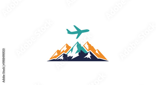 Airplane flying over mountain range landscape.