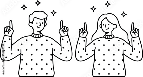 Minimalist line art of man and woman pointing up with stars for creative inspiration and successful breakthrough concept vector.